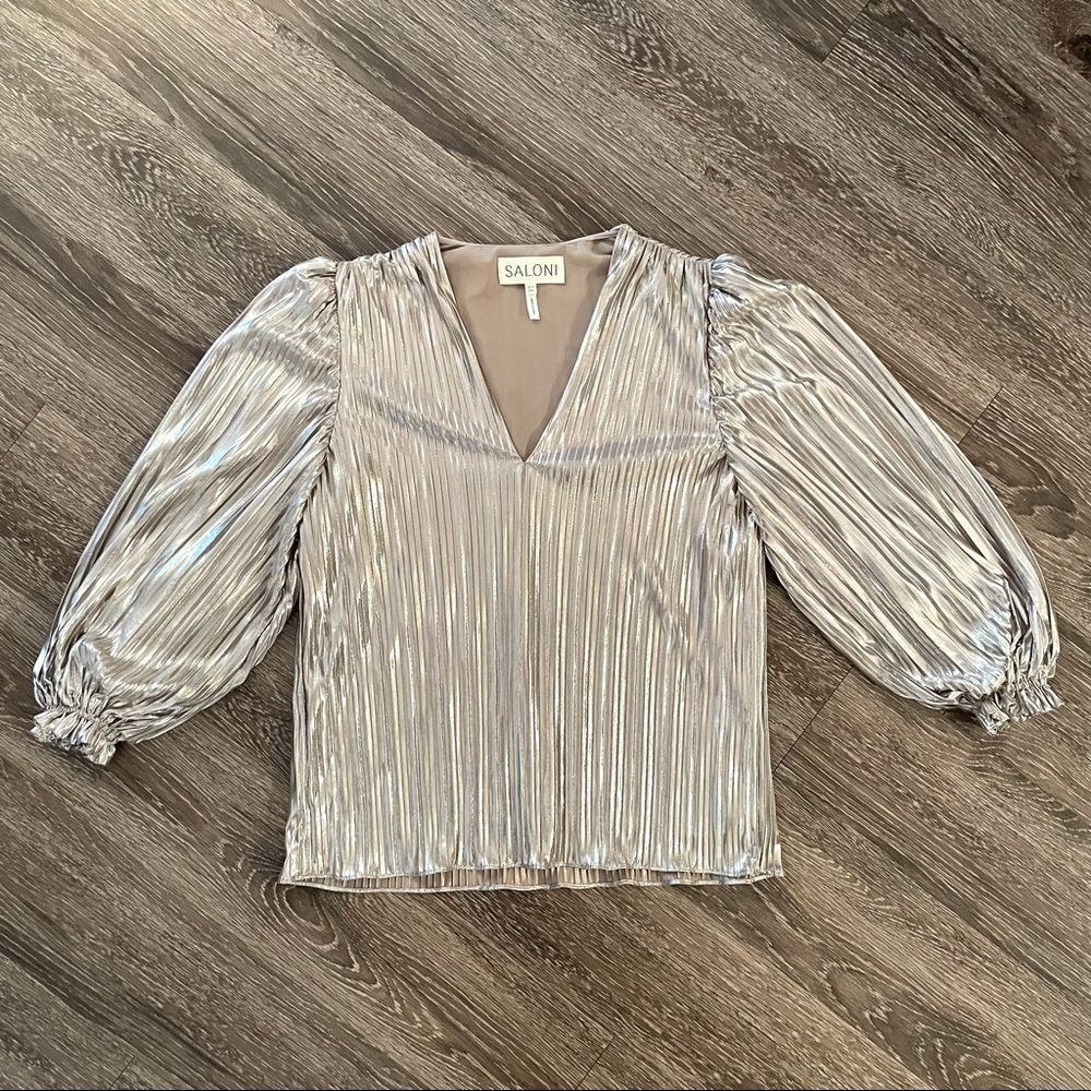 SALONI Silver Satin Blouse with V-Neck and Puff Sleeves